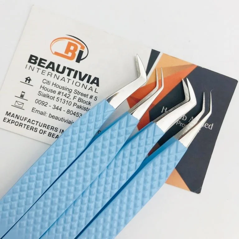 Sky Blue Color Coated Stainless Steel Hand Tested Light Weight Classic And Mega Volume Eyelash Extension Tweezers