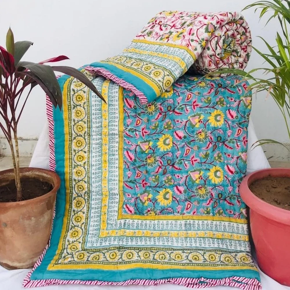 Цветочное хлопковое покрывало двойного размера новый дизайн этническое одеяло Rajai ручной работы постельное белье Decor