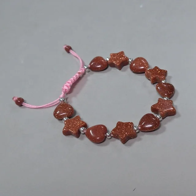 Golden sandstone star heart  bracelet 925 silver ball hand made cord knotted bangle carved natural goldstone