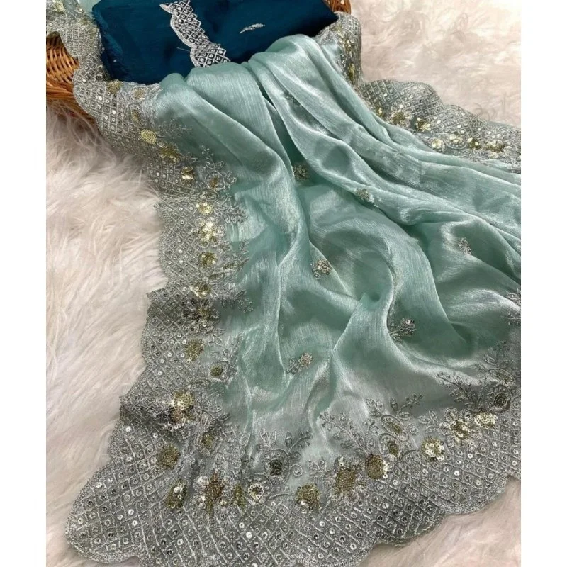Индийский модный Jimmy Choo с двойной цветовой последовательностью и нитью вышитая сари отделкой границы атласной шелковой блузкой Banglory
