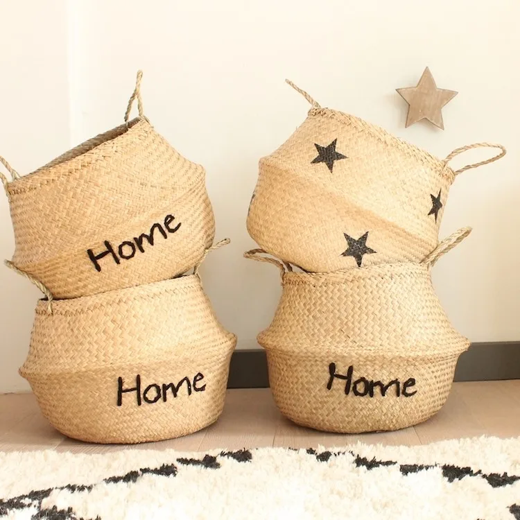 Natural Eco-friendly Seagrass Belly Basket Laundry Collapsible Hand Embroidery Living Room Bathroom Bedroom Decorations Storages