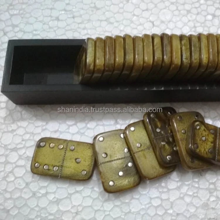 Domino sets Indian Handmade Metal Dots Resin 28 chips and Tray Domino Games for Kids and Adults
