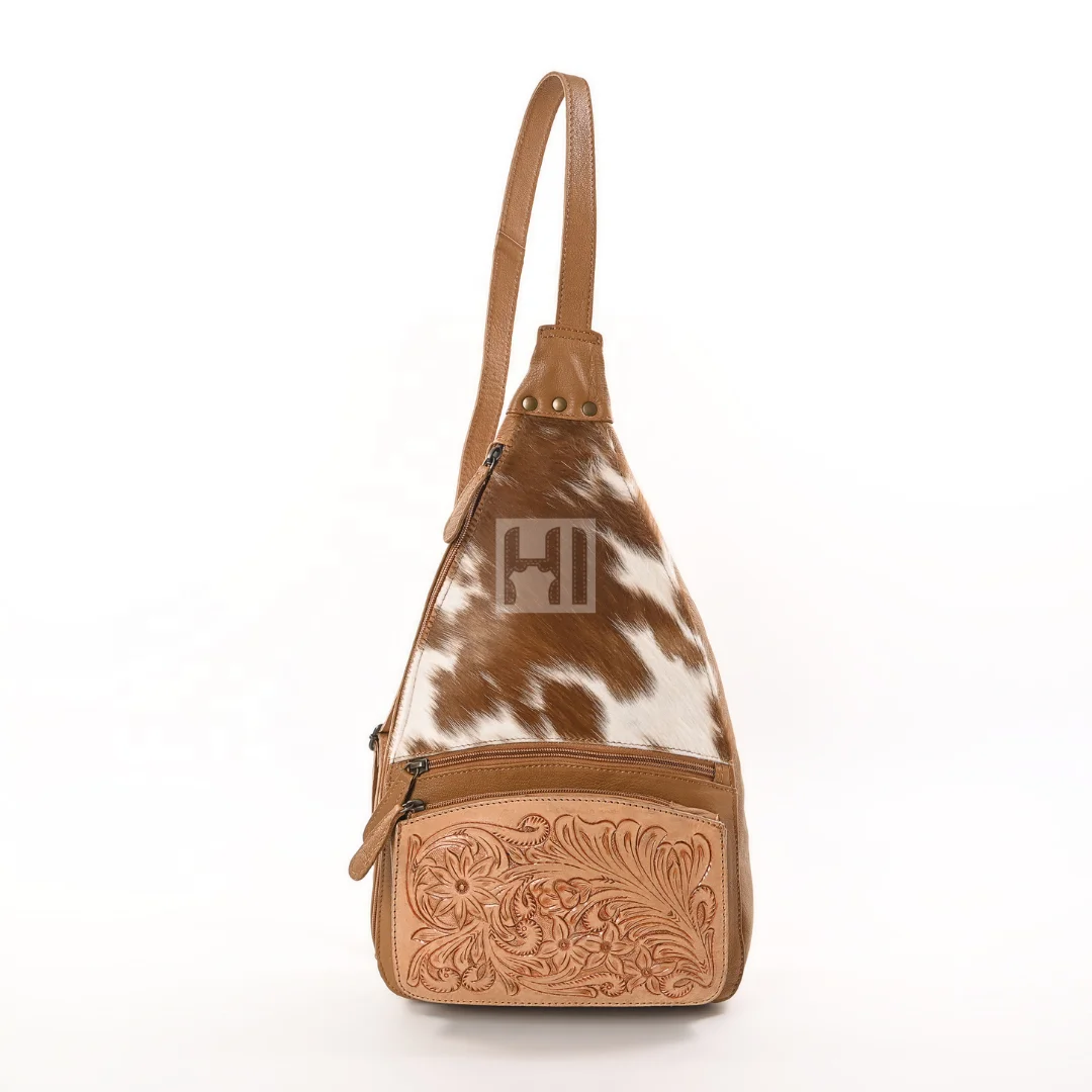Trending Cowhide Hair on Leather Sling Backpack Hand Tooled Patch Comfortable Shoulder Strap Western Cowboy Cowgirl Chest Bag