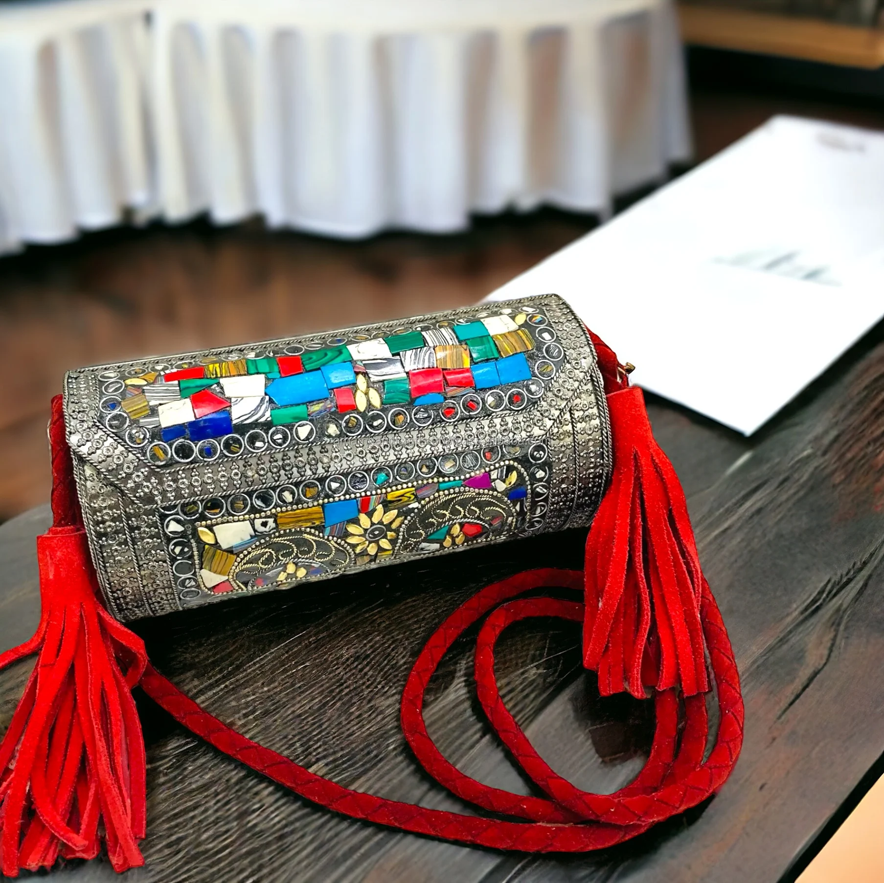 Quality Handicrafts  Hot Selling Women Summer Beach Mosaic Metal Round Hand Handbag Clutch Bag /ladies purse by LUXURY CRAFTS