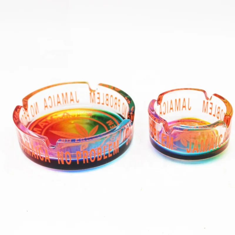 Bulk Sales Popular Glass Ashtray with Personality Printing Portable Creative Round Smoking Clear Ash Tray Set for Cigar