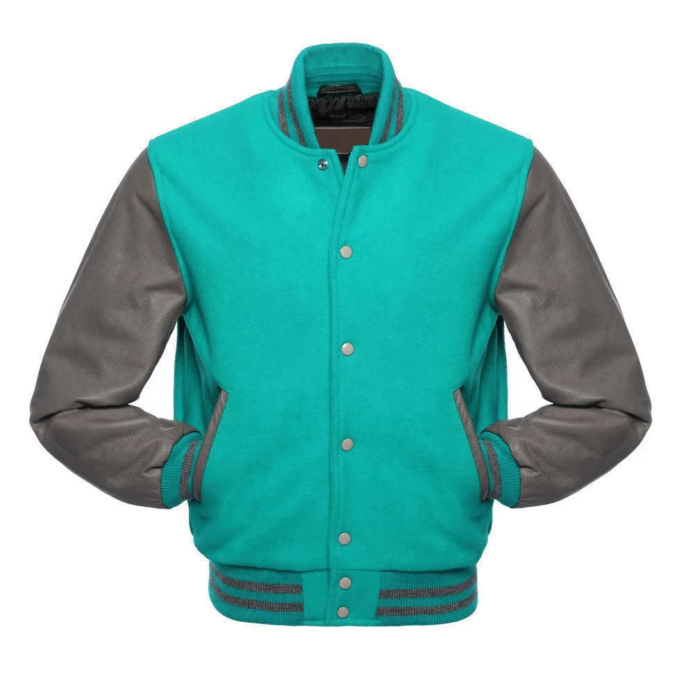 High Quality custom fabric of varsity jacket body wool arm leather custom rib button up close and pockets inside liner coating
