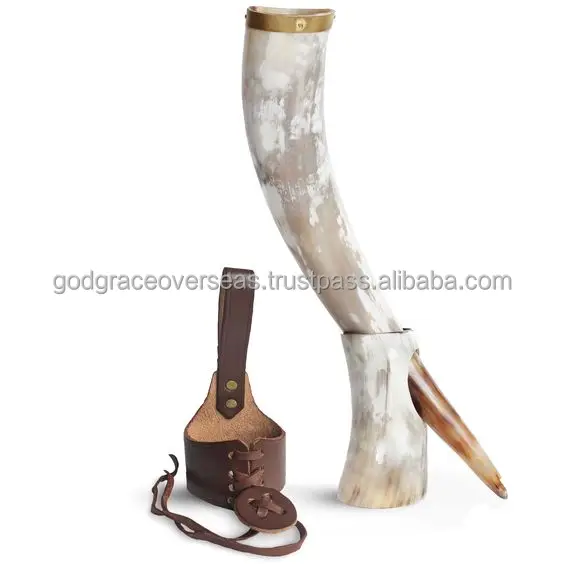 Genuine Ox-Horn Viking Drinking Horn Brass Rim Brown Agate Leather Belt Holster Fitted Stand-Elegant Decorative Drinking Horn