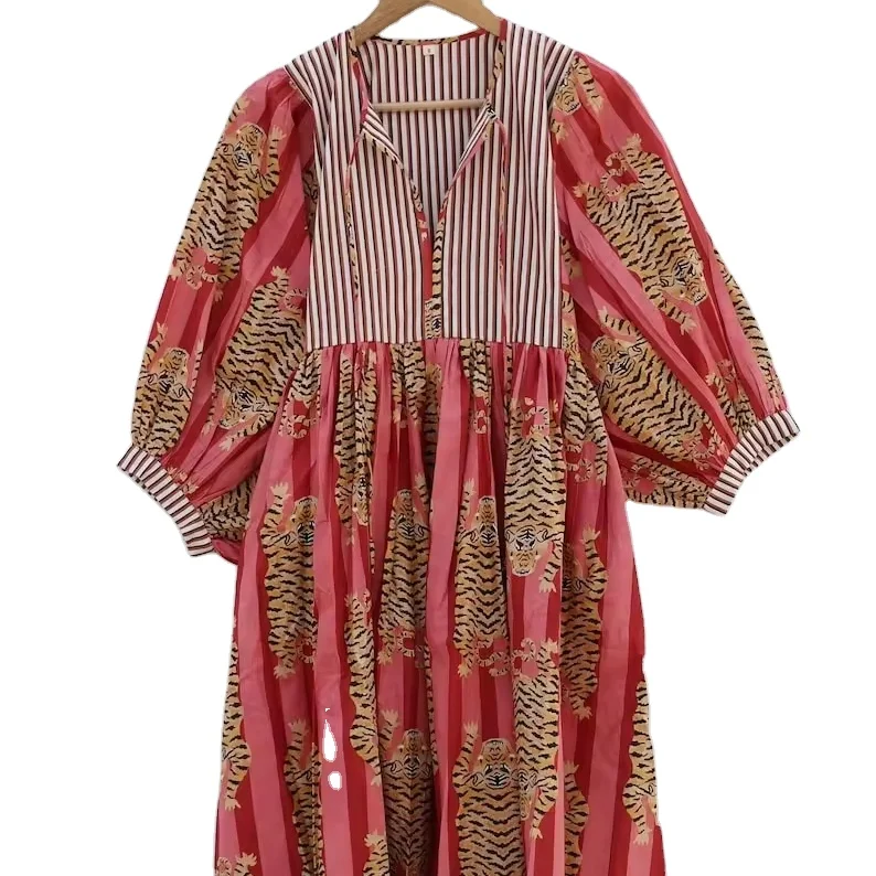 Brown Stripes Tiger Midi Dress, mini Dress Party Wear closed neck Cotton Women Dress from Indian Manufacturer and Exporter