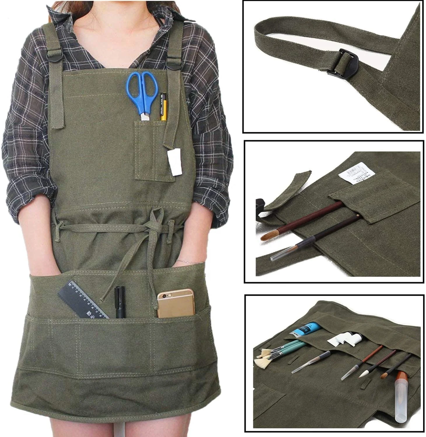 Adjustable Artist Apron with Pockets Waxed Canvas Painting Aprons with Tool Organizer pockets for Arts Gardening
