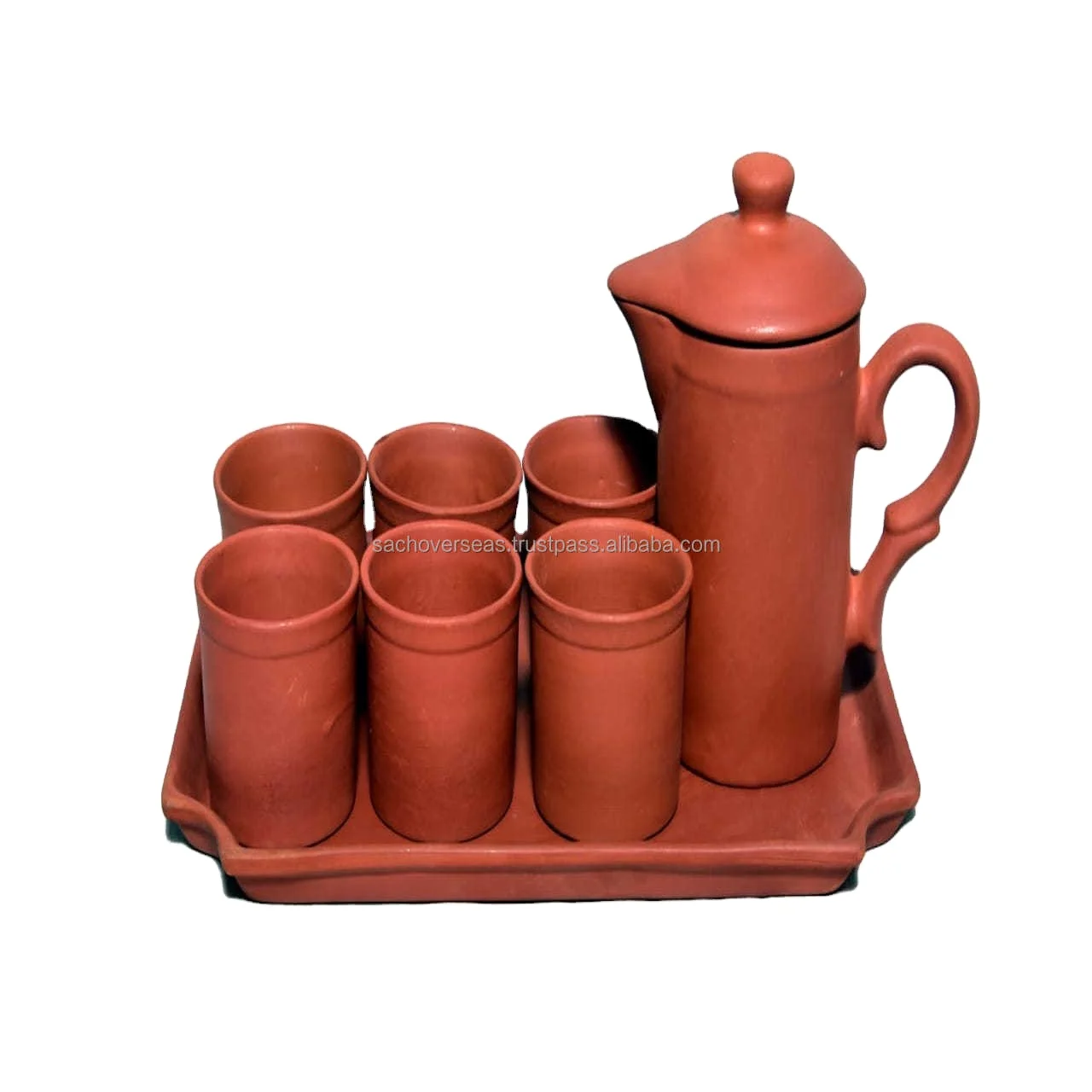 Ecofriendly Natural Terracota Clay Drinkware Glass and Jug Set with Tray For Water Serving