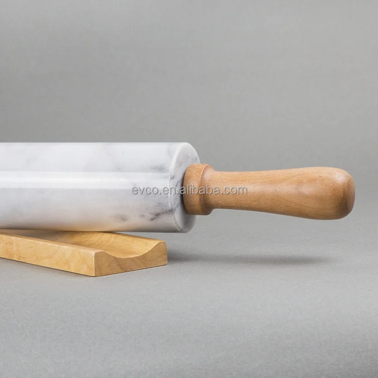 Natural White Marble Rolling Pin with Deluxe Wood Handles and Cradle