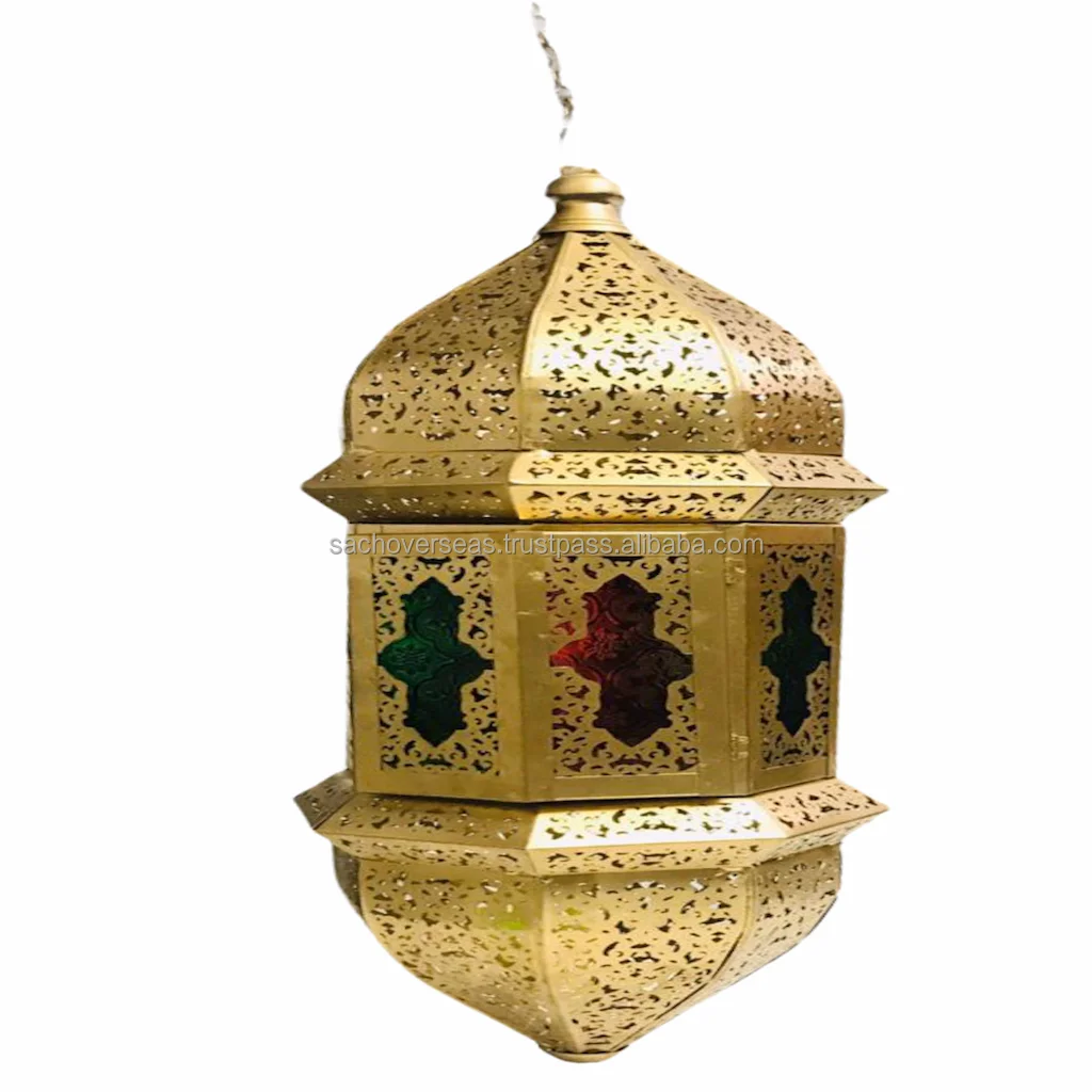 Antique Brass Finish Moroccan Style Metal Lantern For Eid Ramadan Decoration