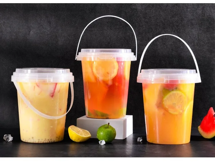 32 Oz Plastic Drink Buckets Wholesale Disposable Fruits Container Clear Bucket 1000ml pp drink plastic cup with handle