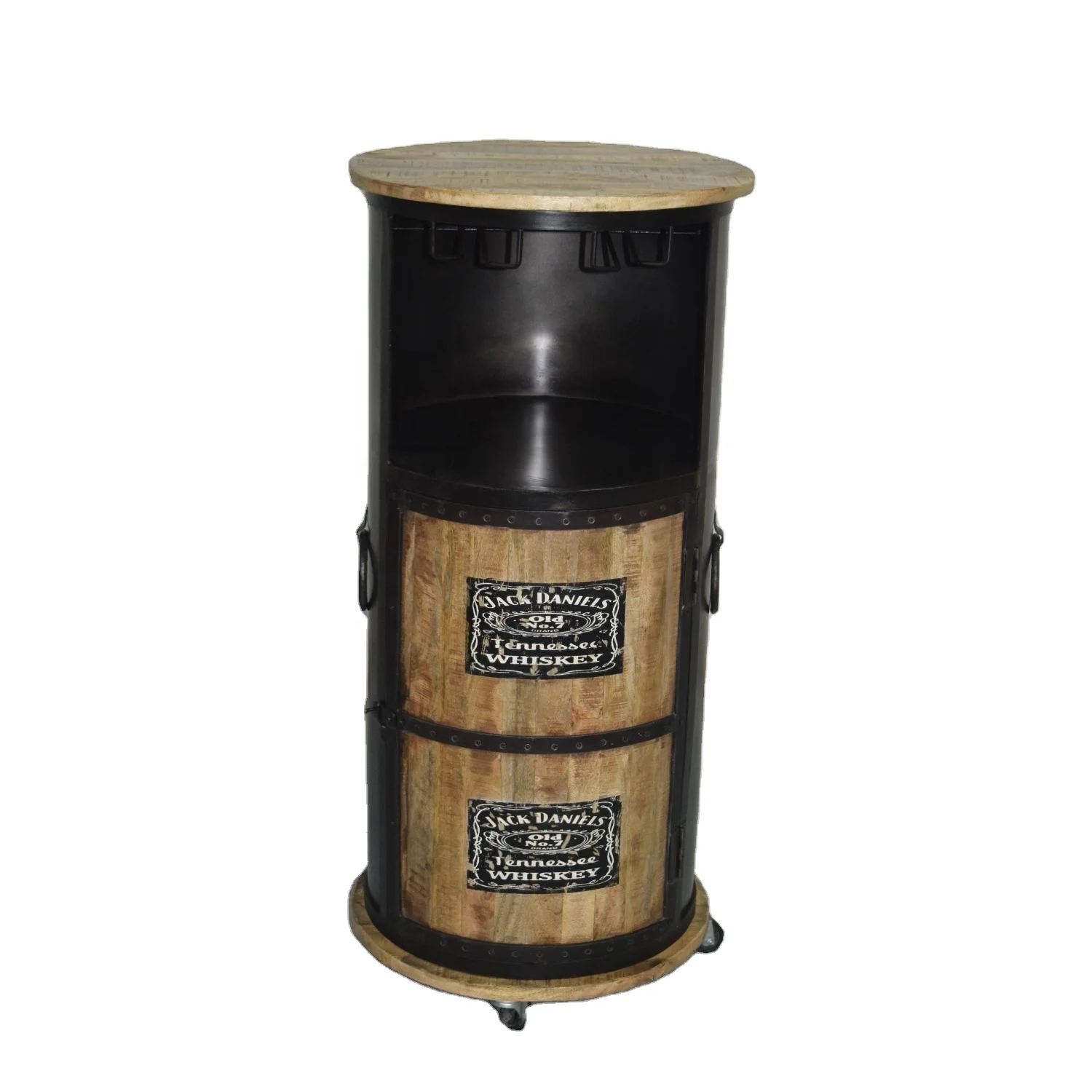 Latest Hot Selling Drum Shape Industrial Wooden Metal Wine Bar Cabinet