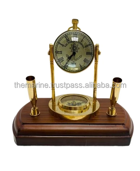 Handmade Designer Antique Brass Table Top Desk Clock Pen Holder With Wooden Base Best For Gift