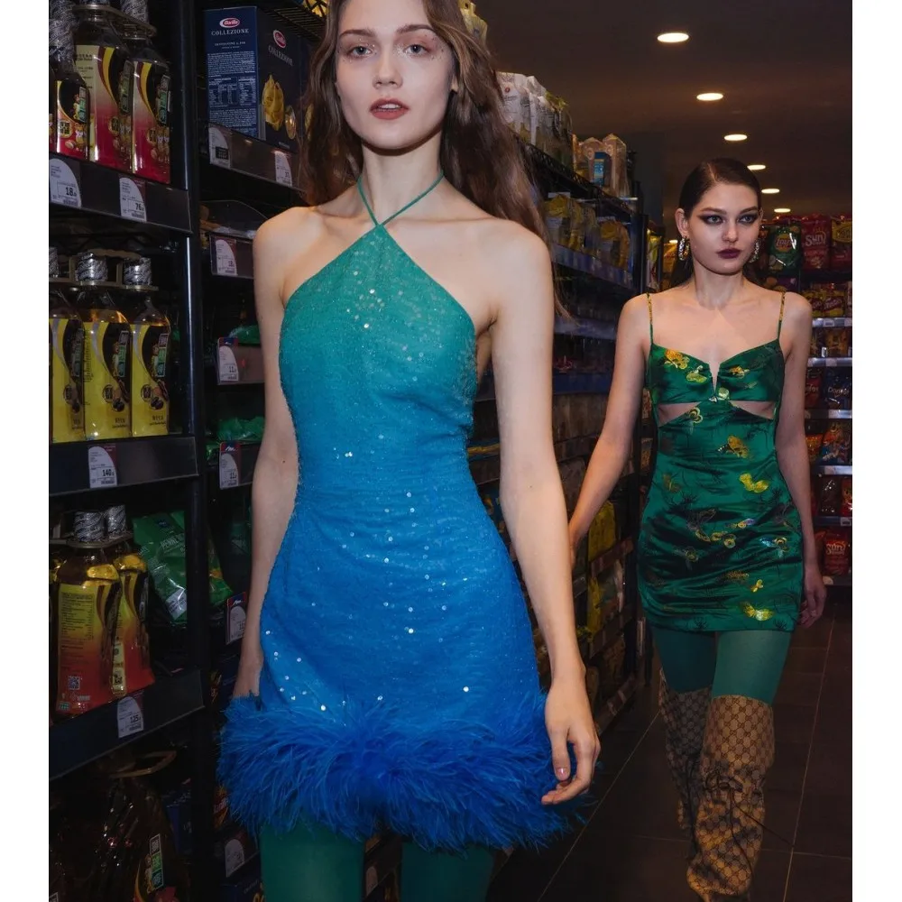 Blue Fashionable Halter Neck Slim Mini Bandage Dress 2023 Elegant Feather Casual Sleeveless Slim Party Party Dress