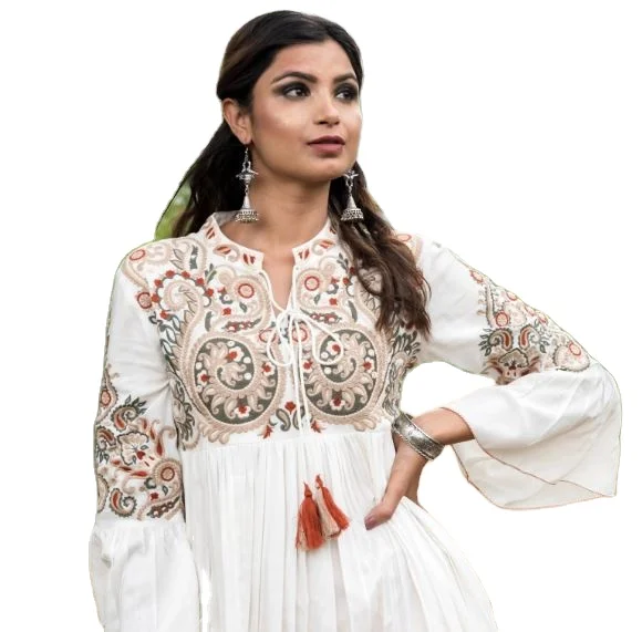 2024 Modest New Collection Embroidered Three Quarter Sleeve Midi Length Boho Fashion Embroidery Maxi Dress