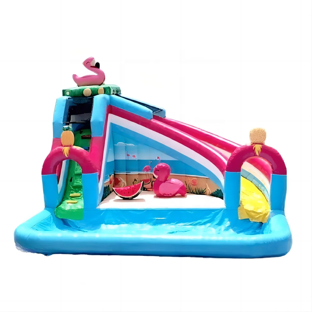 Outdoor flamingo theme Summer Water Park  Kid Toys Game inflatable water slide with swimming pool