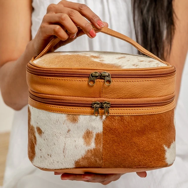 Handmade Exotic Cowhide Makeup Box Vintage Style Custom Cosmetic Organizer Perfect Birthday Gift Bride Gift Candy Toiletry Bag