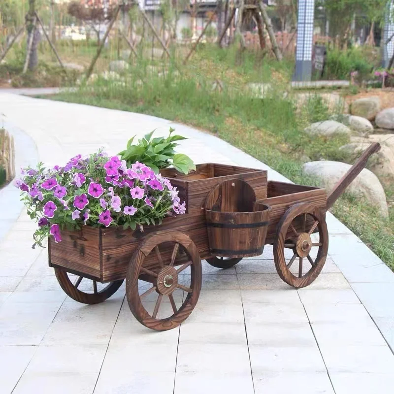 Customized Wooden Flower Cart Wheel Home Garden Wooden Flower Cart Half Barrel Wagon