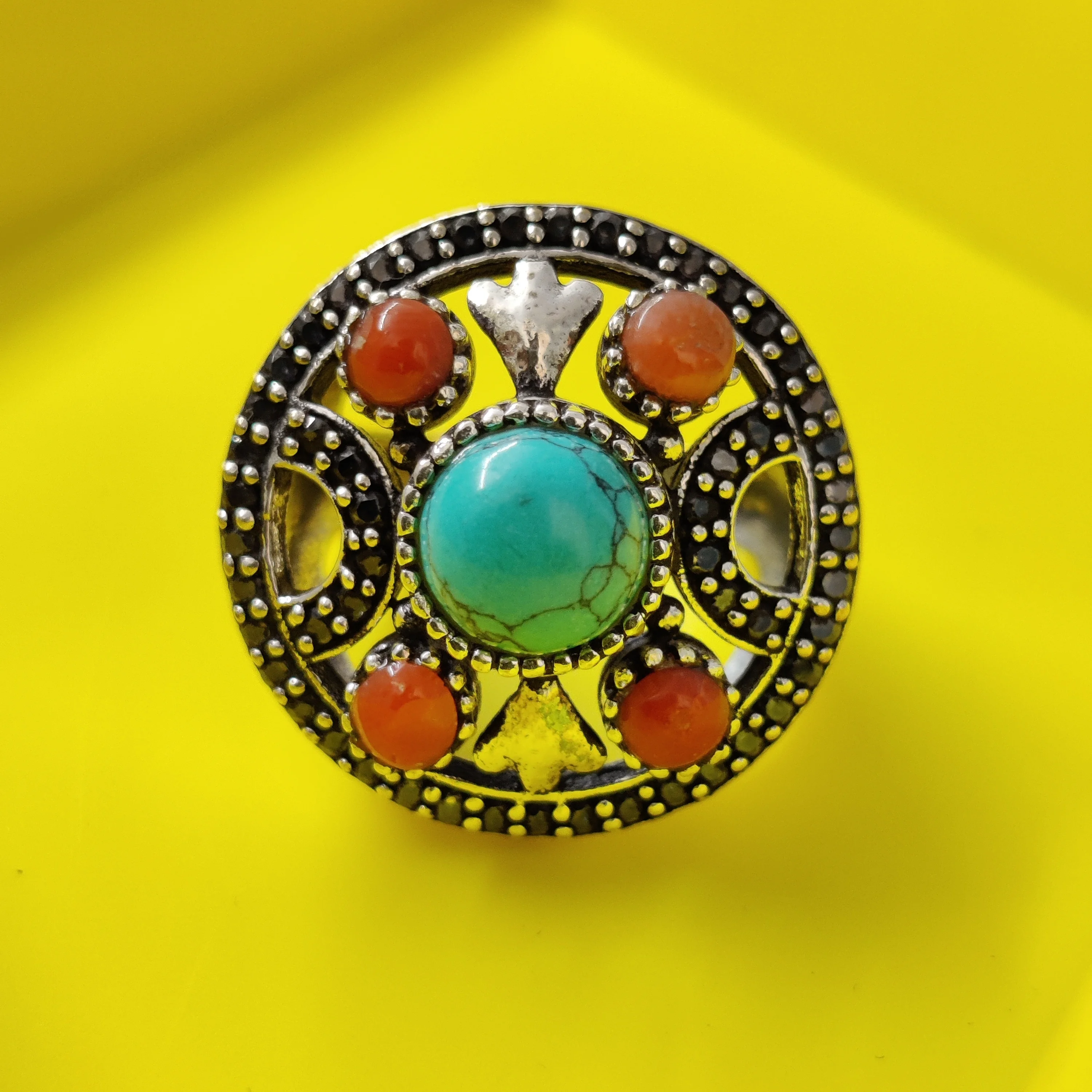 Turquoise Coral Stone Combination Silver Stone Ring 2023 Best Selling Silver Stone Silver rings