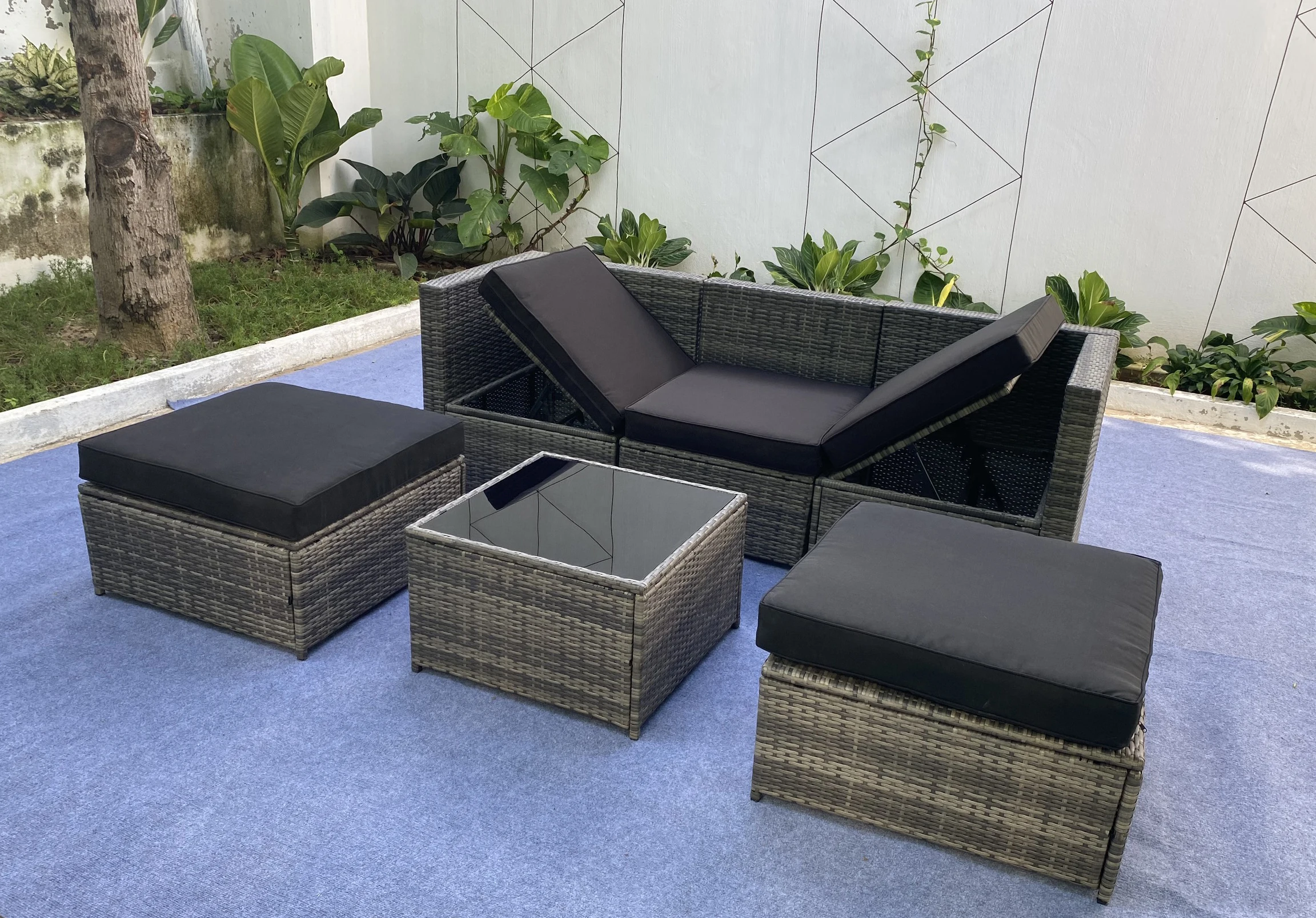 6 Pieces Patio Furniture Sets Outdoor Sectional Sofa Set, Modern Garden Conversation Set with Cushion and Glass