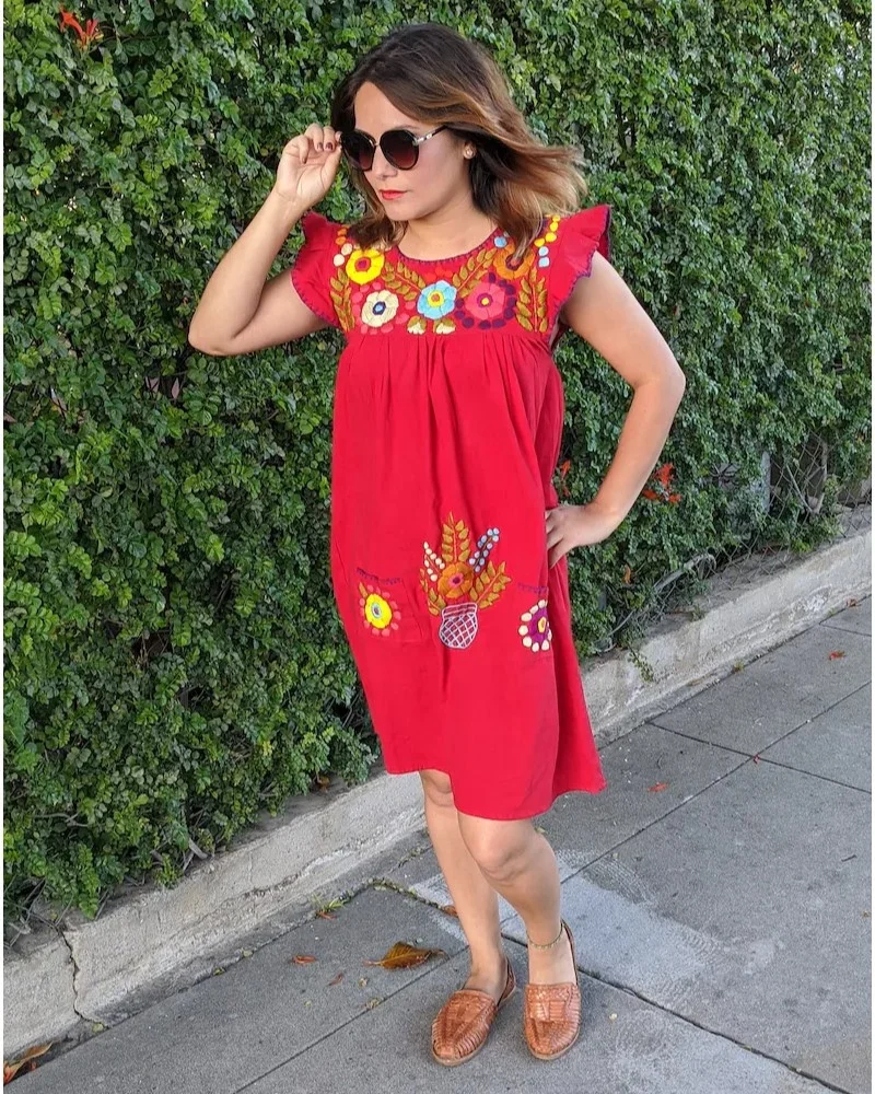 A Custom Handmade Cute Matching Red Mexican Mini Mommy & Daughter Cotton Outfit With Beautiful flower embroidery Perfect Dress