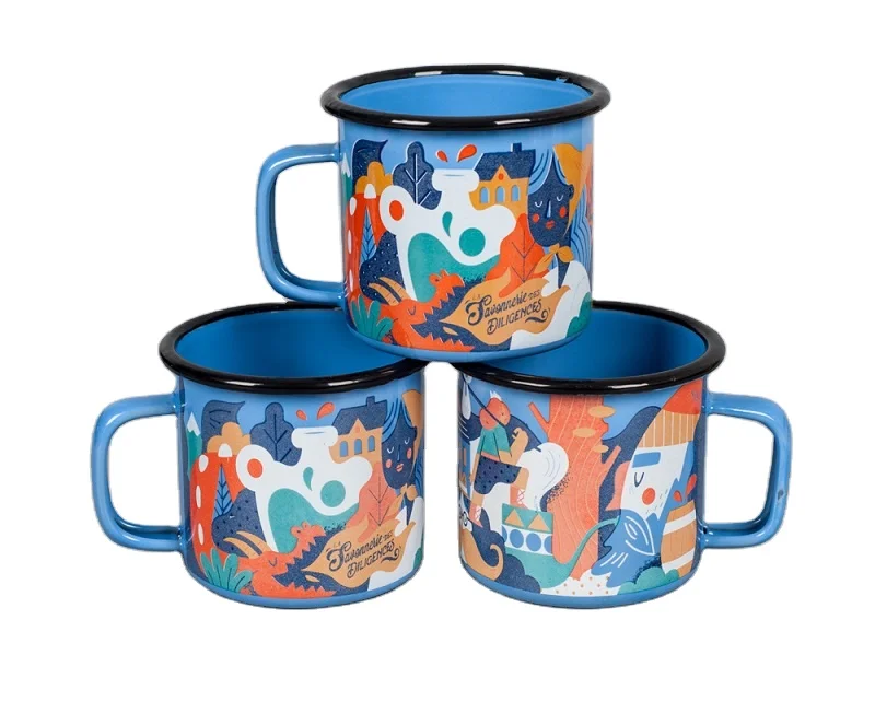 Customized Printing 8cm Enamel Mug Blue Enamel Camping Mug with Full Wrap Printing Custom Printed Enamel Coffee Mug
