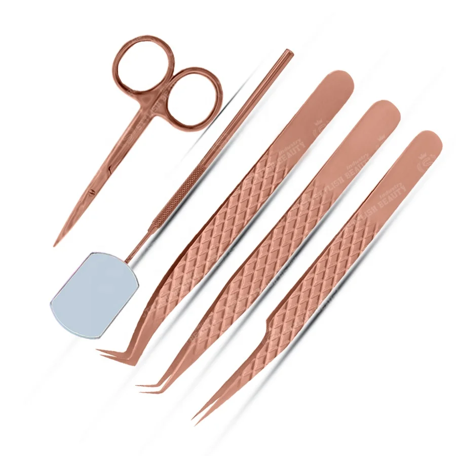 High Quality Professional Eyelash Extension Tweezers Hot Pink Color Custom Logo Eyelash Tweezers With Mirror And Scissor Set