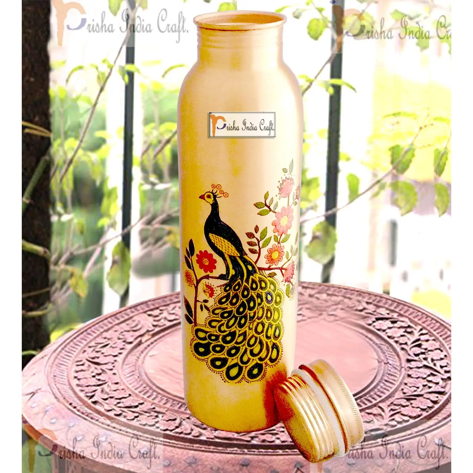 Prisha India Craft Gift Set Pure Classic Copper Water Bottle 900ml + Copper Glass (Pack of 2-300ml Each) Original Heavy Build  A