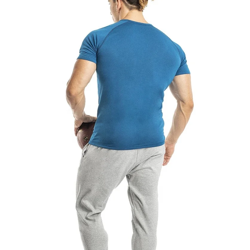 Wholesale quick dry polyester spandex Men Shirt Compression Sport Bodybuilding Gym Tops V-neck Fitness Training Running Tshirt