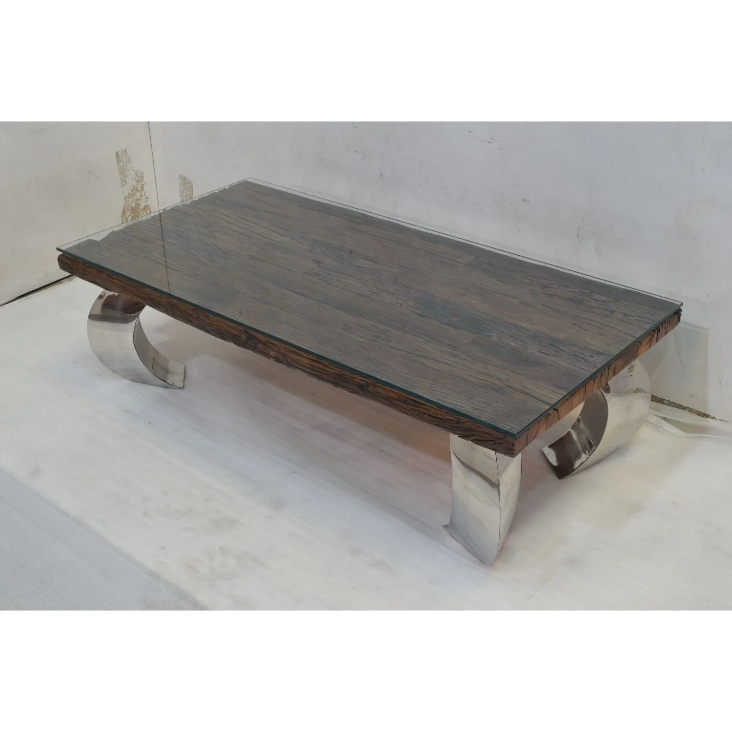 Reclaimed Old Railway Sleeper Wood Top Chrome Finish  Leg Glass Coffee Table Home Office Hotel Villa