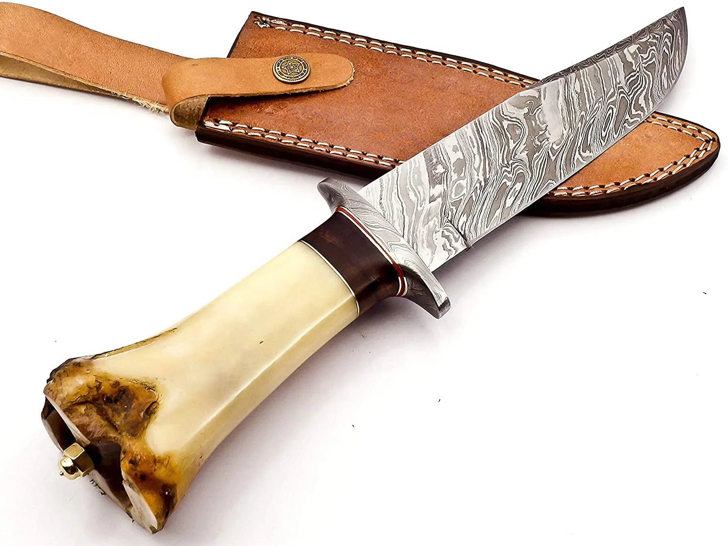 Hunting Knife Custom Forged Real Damascus Steel Hunting Outdoor Knife with Resin Handle Knife For Hunters With Leather Sheath