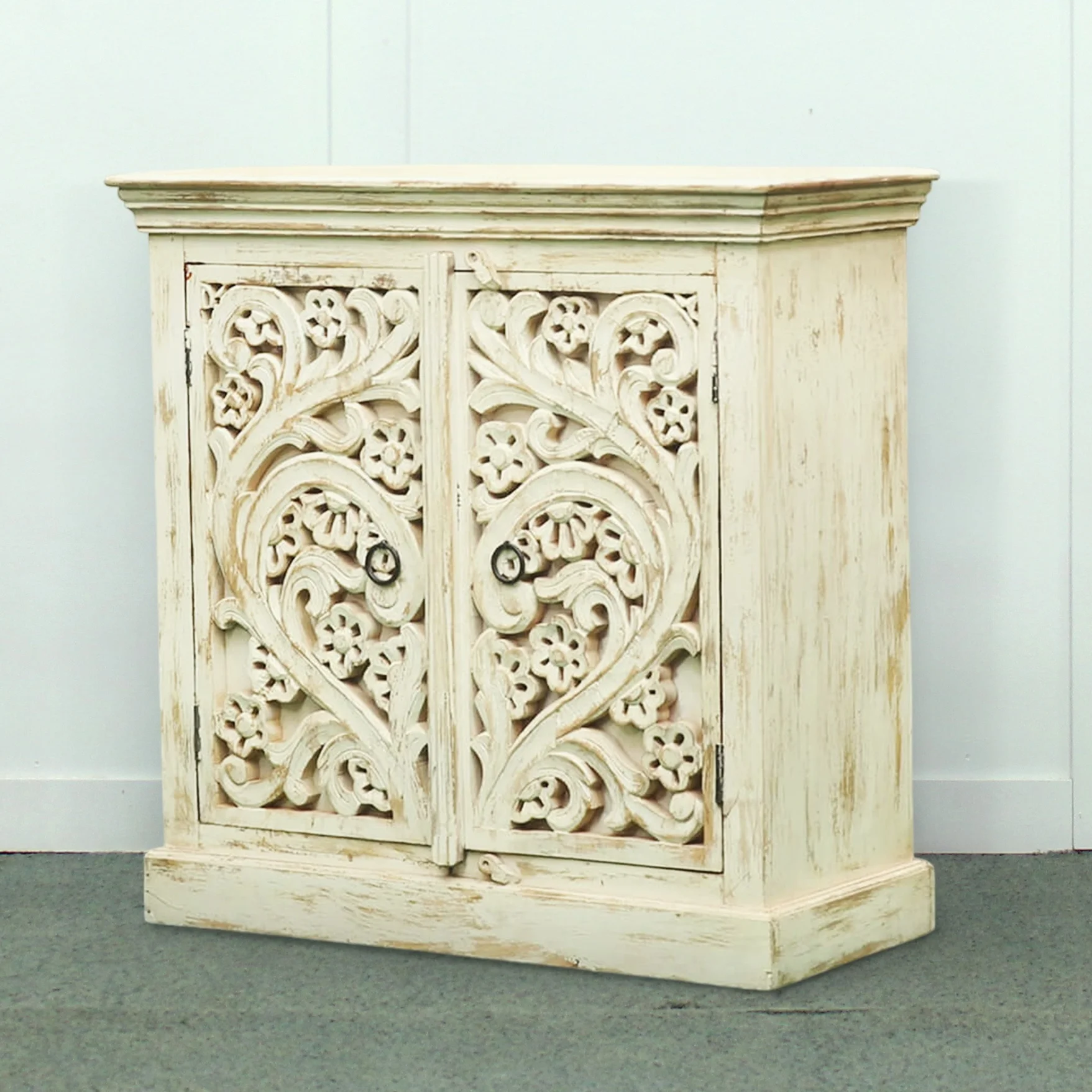 Distressed White Wash Farm house Look Shabby Chic Solid Mango Wood Two Door Storage Cabinet Sideboard Hand Carved Handmade