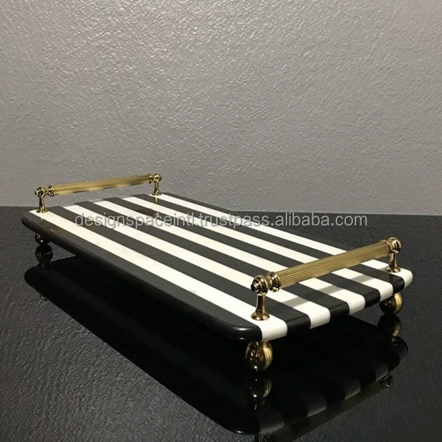White and Black Strip Marble Serving Tray With Brass Handle at best rate
