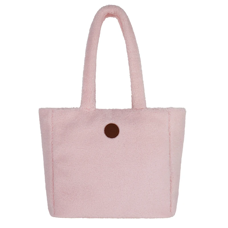 pink plush leather logo Tote Bag Women Winter Warm Soft velvet Big Capacity Cute Dating Style women handbag