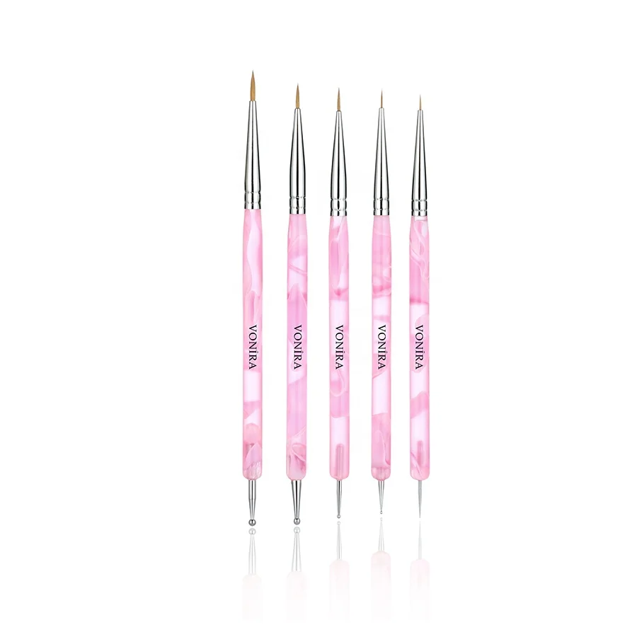 Vonira Beauty Factory 5Pcs 100% Kolinsky Nail Art Liner Brushes Acrylic UV Gel Dotting Painting Drawing Pen Custom Private Label