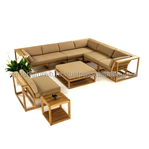 Solid Teak Wood Modern Garden Sofa Set with Removable & Coffee Tables Cushions for Home Hotel Villa or Living Room Furniture