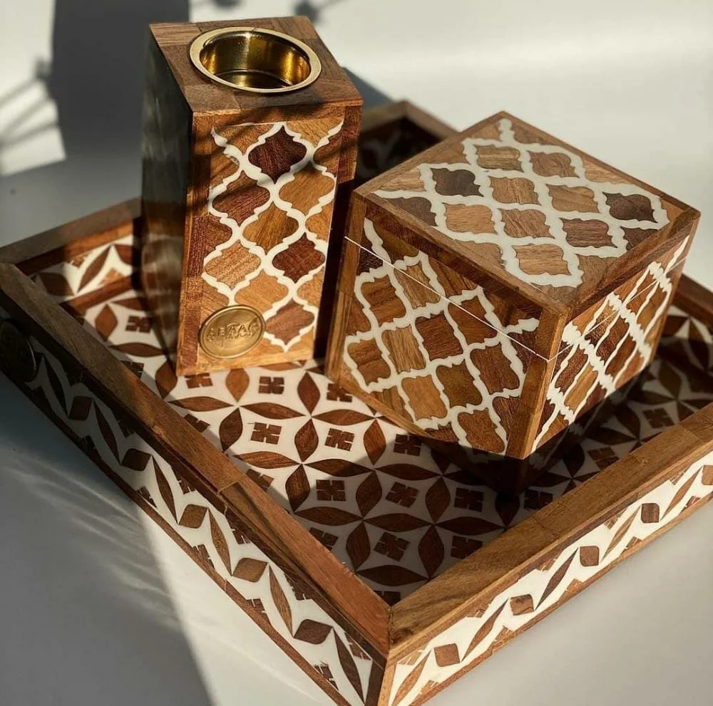 Latest Acacia Wood Inlay Set Of Bakhoor Burner Mubkhar Bakhoor Burner Wooden Tray And Burner By United Trade World