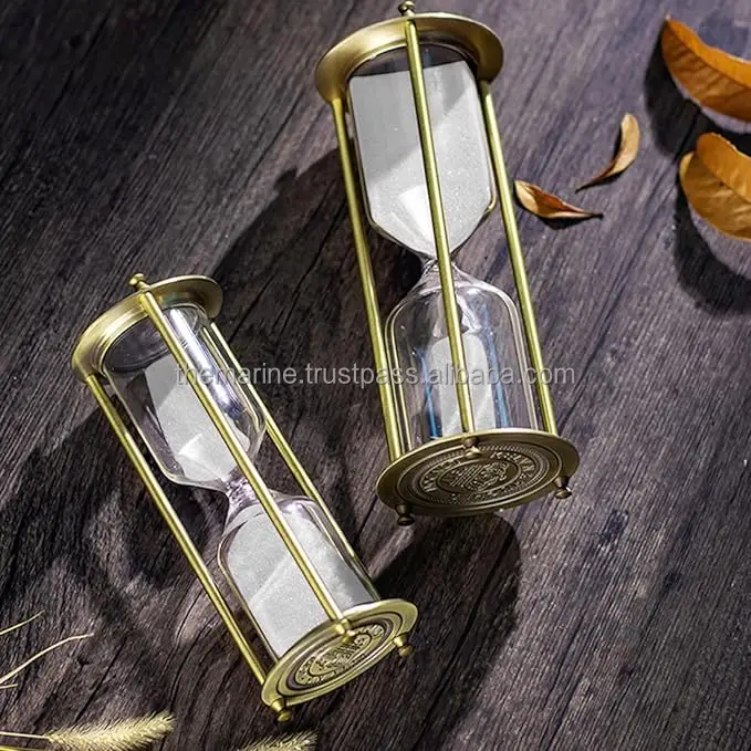 Wholesale 5 Inch Antique Brass Hourglass 2 Minute White Sand Glass Timer Handcrafted Engraved Plated Decorative Gift Home