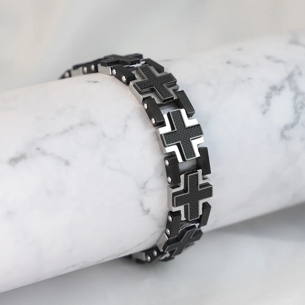 Custom Logo Christian Cross Religious Jewelry Black Carbon Fiber Stainless Steel Religious Bracelet for Men