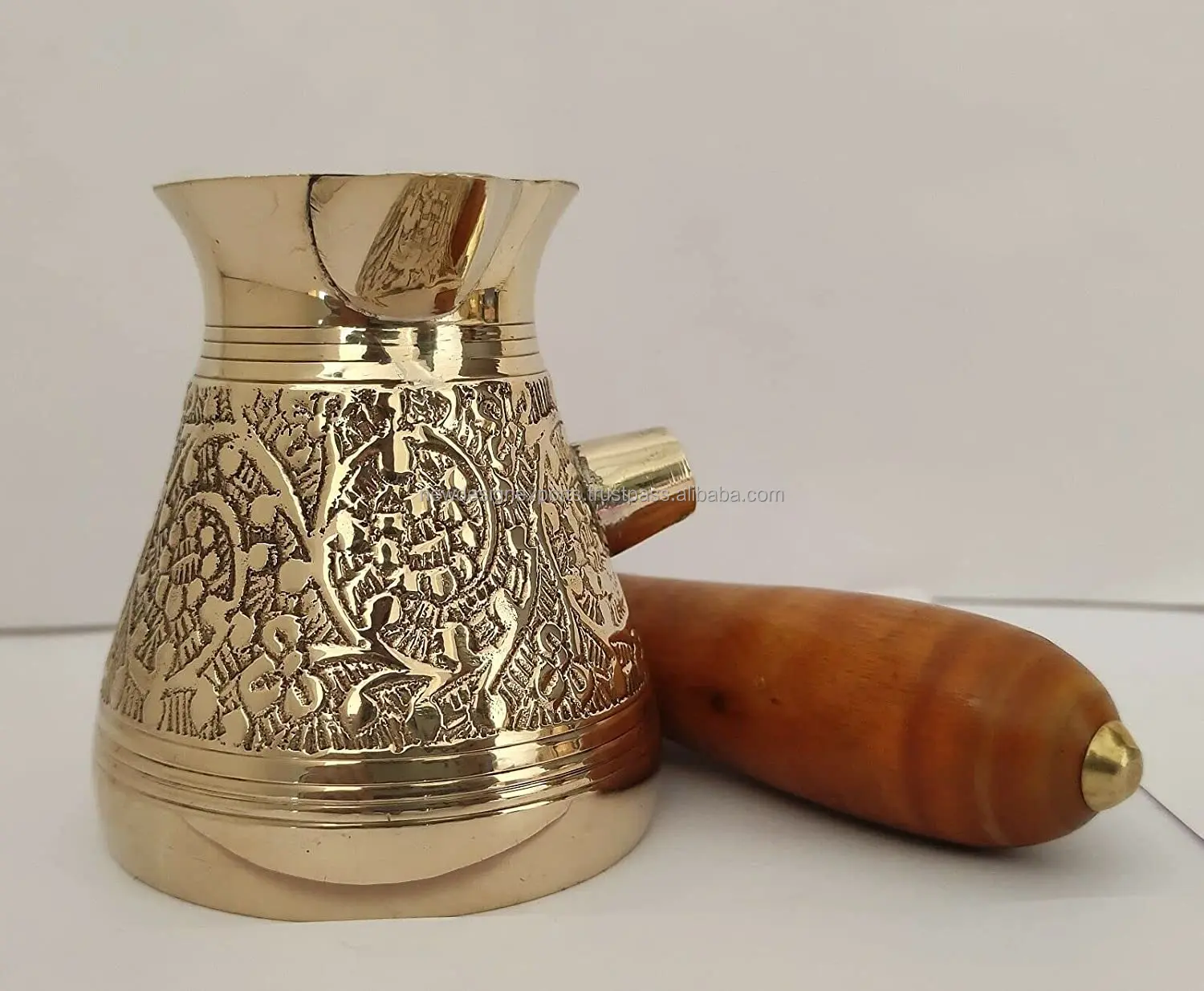 Golden Turkish Greek Arabic Coffee Pot Brass Metal Coffee Maker Cezve Ibrik Briki with Wooden Handle ( Medium - 13 Oz)