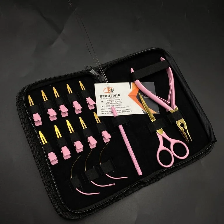Pink Gold Hand Tied Hair Extension Tools Kit Set Eco Friendly Stainless Steel 2-Hole Plier Scissors Sectioning Clips and Loop