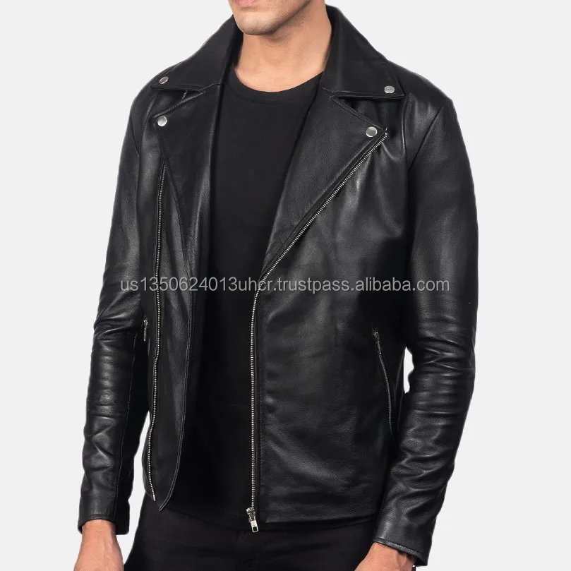 Unique Design Black Color Sheep skin Leather Jacket Long Sleeve Stylish mens Leather Motorcycle Jackets Zipper  Closure Style