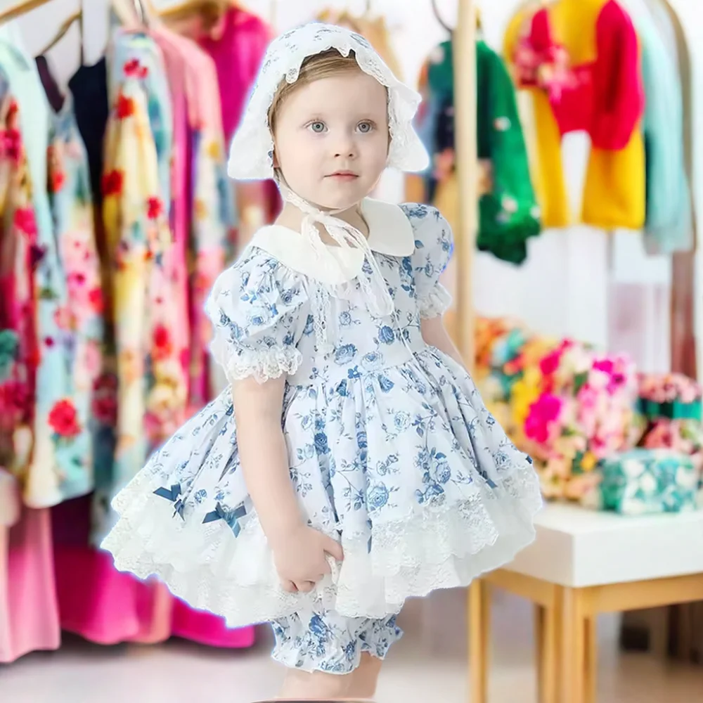 hot sale skin friendly matching hat formal occasions layered dress spanish baby girl floral dress set