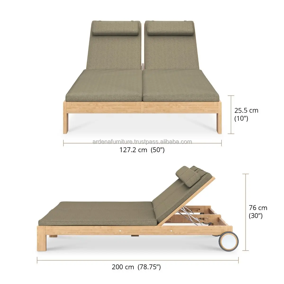 Outdoor Furniture Beach Sun Lounger Teak Modern Solar Chair Two Couples Reclining Outdoor Beach Teak Wood Furniture