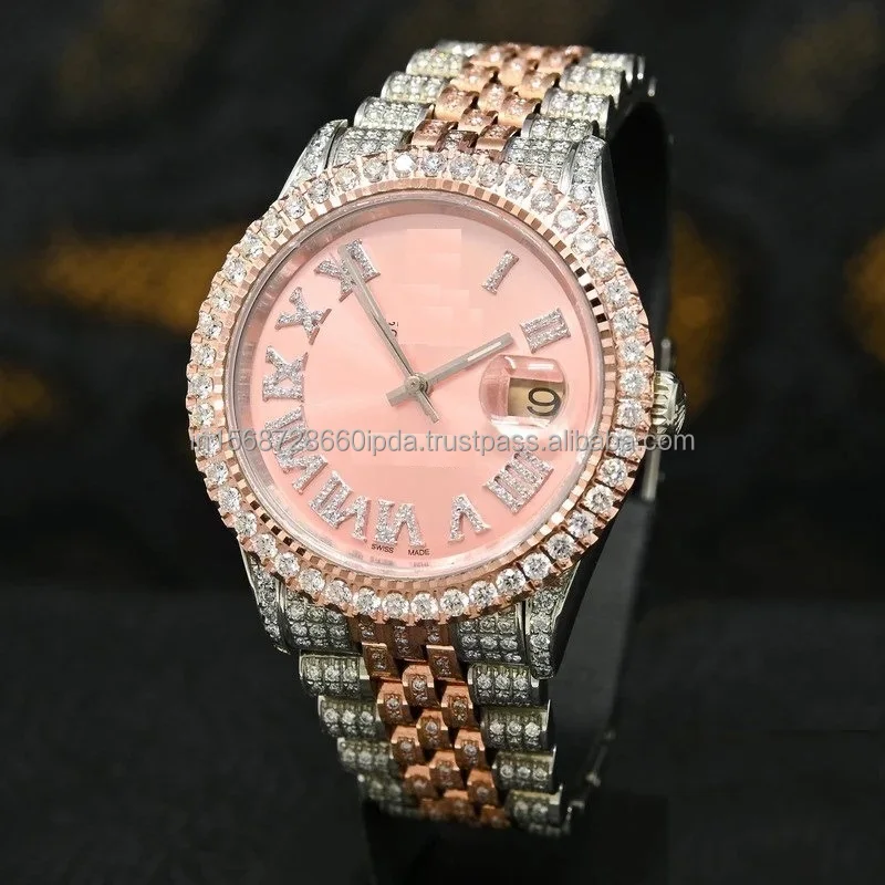 Stunning Pink Dial Full Iced Out Round Moissanite Watch With Classic ETA Movement Date Dial And Arabic Numerals Features