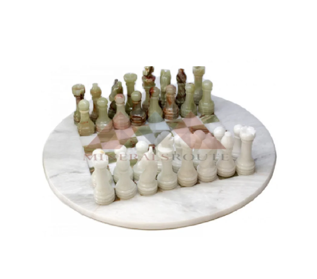 Best Quality Onyx Marble Indoor Chess Set round Stone Themed Board and Customizable Pieces for Sports Decoration