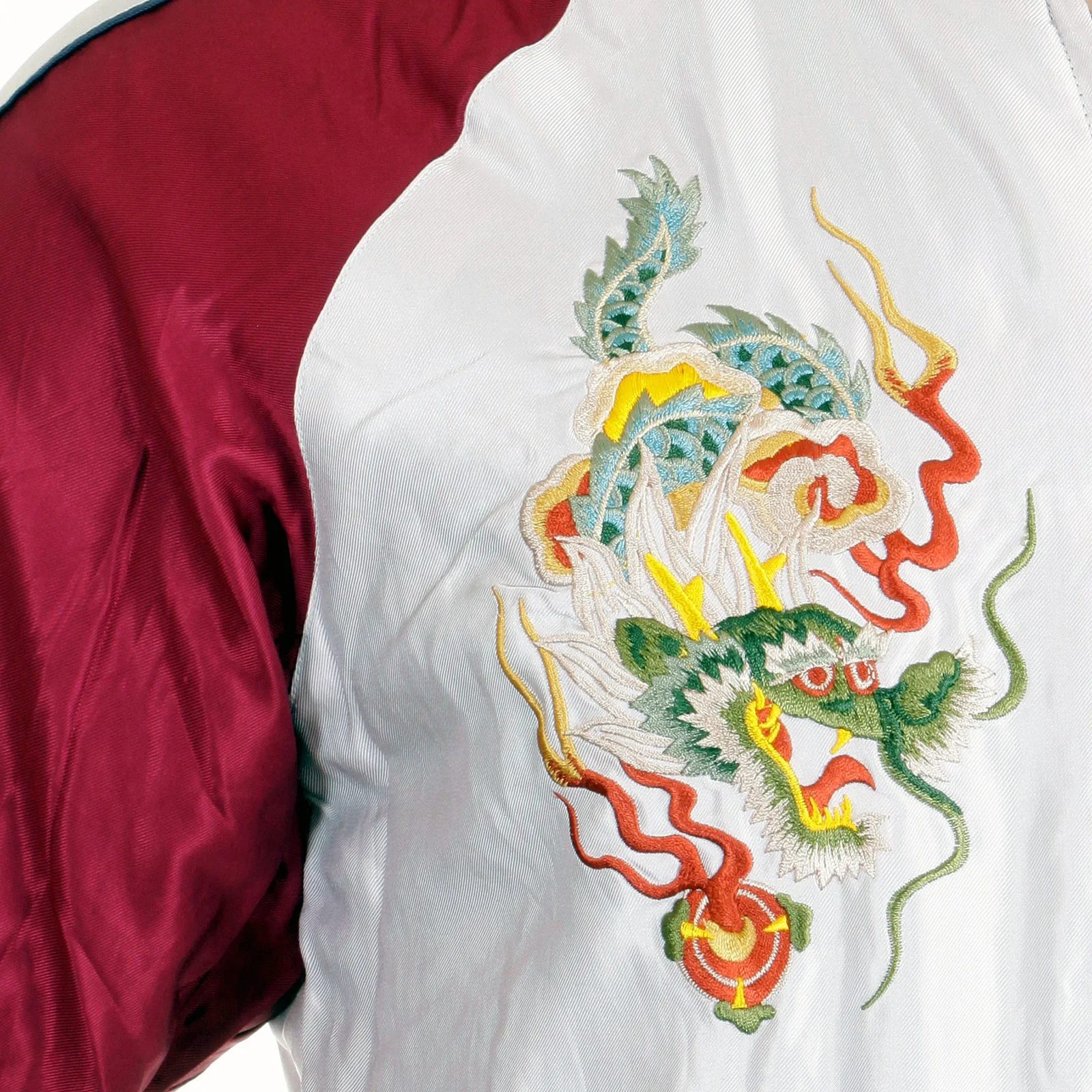 OEM Custom Varsity Silk Reversible Silver Souvenier Jacket with Hand Embroidered Dragon Bomber Jackets black body Plus Size