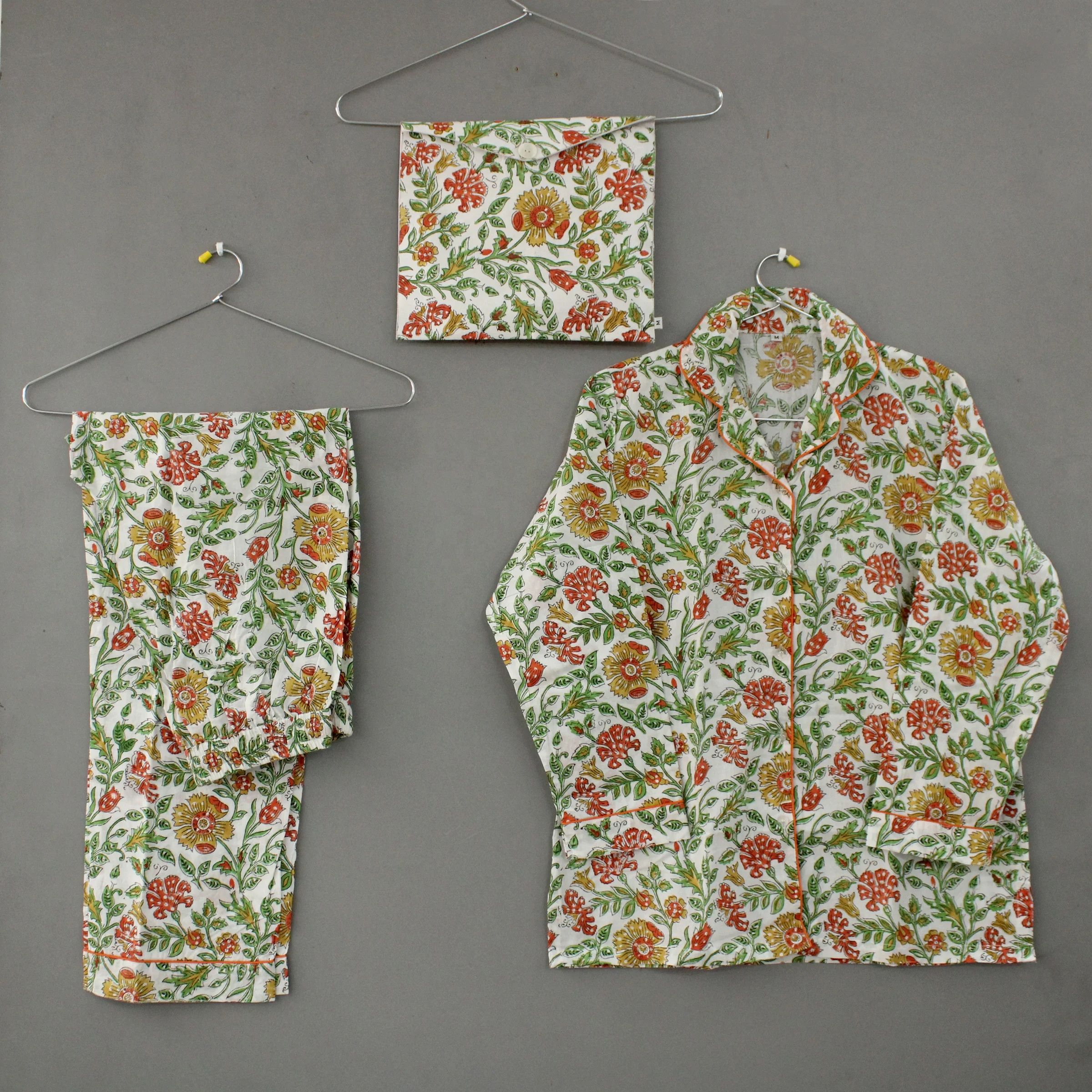 Soft & Comfortable Indian Floral Hand Block Print 100% Cotton Night Wear Pajama and Shirt Set